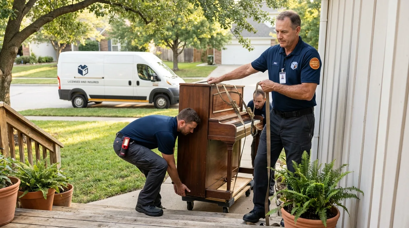 Licensed piano movers securing grand piano in Sayre, PA
