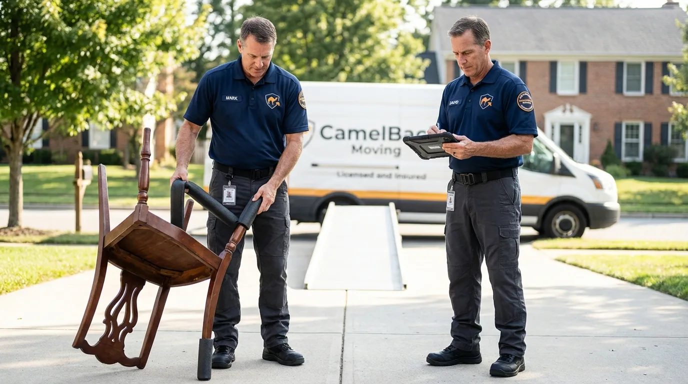 Movers inspecting furniture for damage prevention before loading in Sayre, PA
